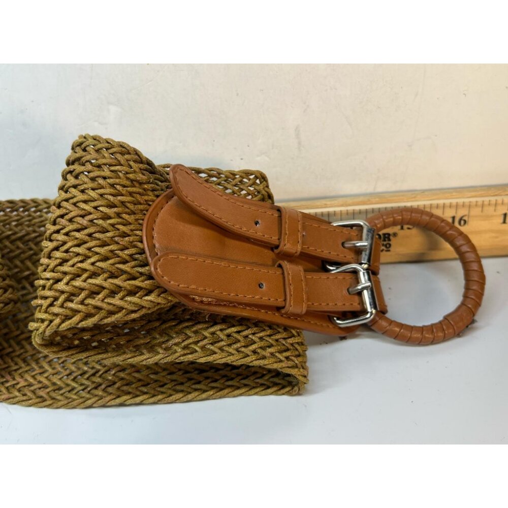 Women’s Woven Straw Belt Brown Leather Round Buckle Boho Adjustable Fit - Picture 3 of 3